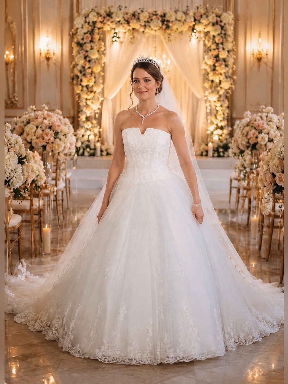 David's Bridal White Strapless Ball Gown Wedding Dress with Lace
